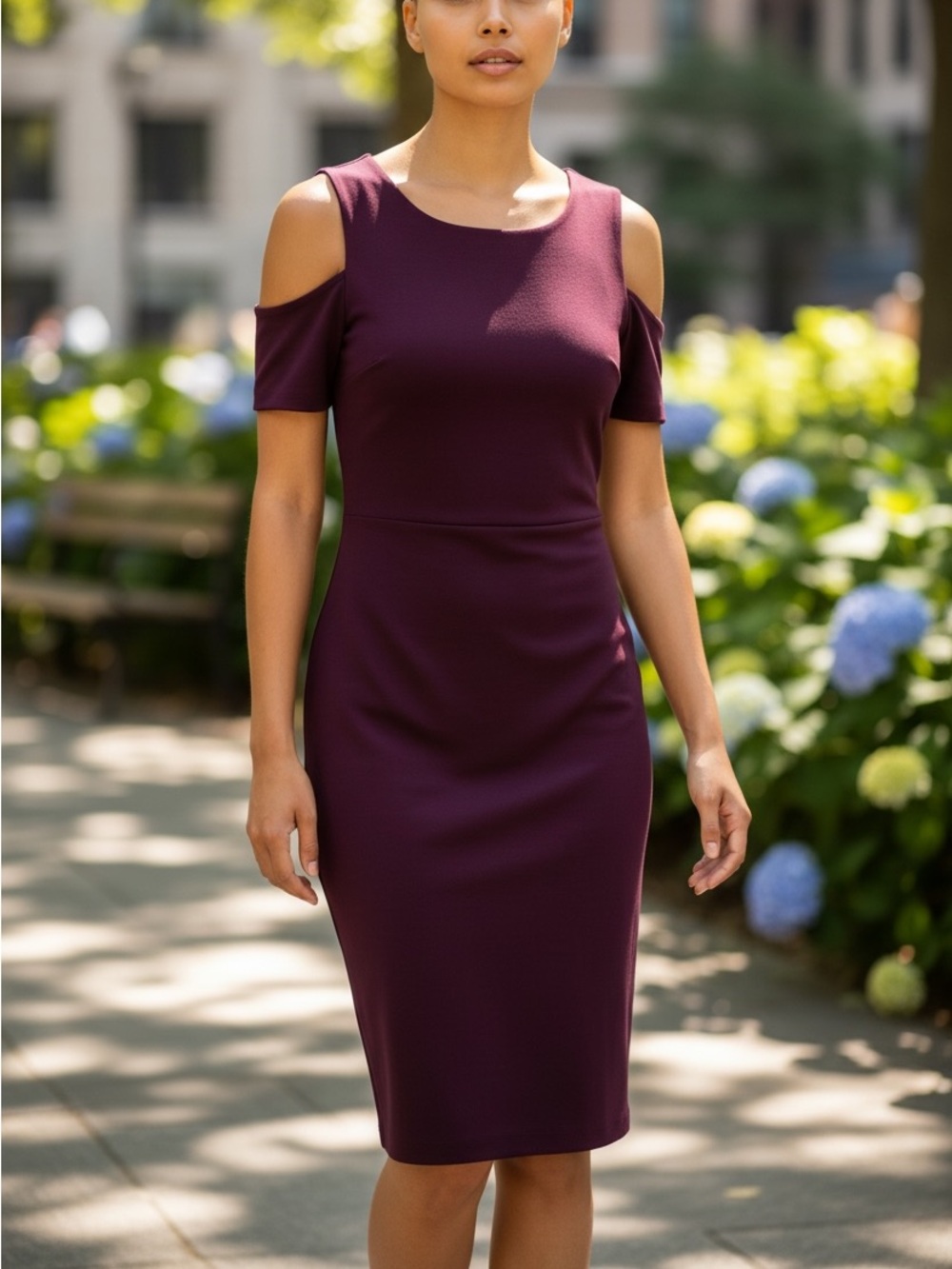 Tommy Hilfiger Plum Cold-Shoulder Midi Sheath Dress size 10.
